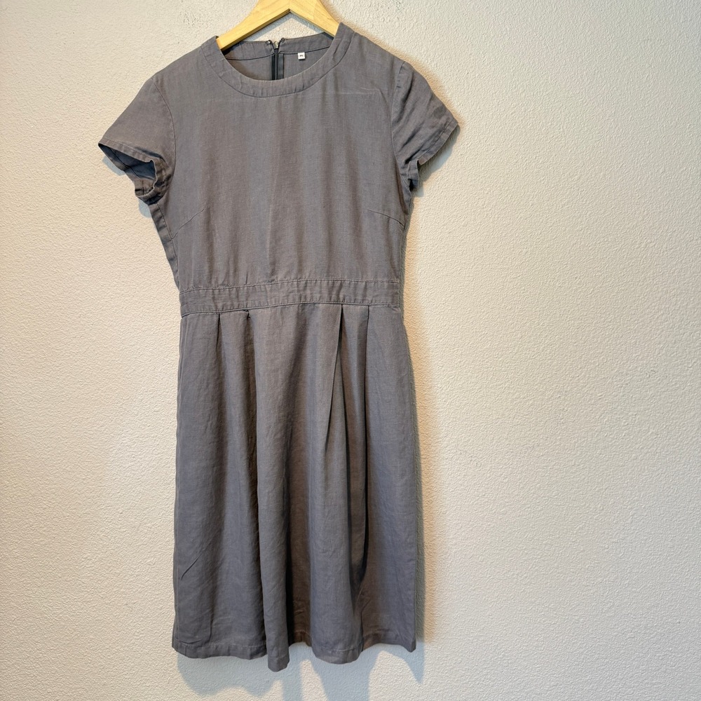 Muji Womens Grey 100% Linen Short Sleeve Pleated Waist A-Line Dress Size M